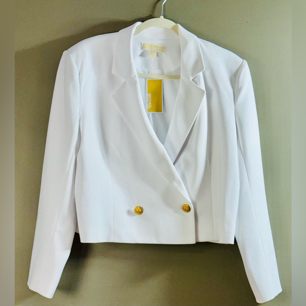 Michael Kors Short White Blazer Jacket Gold Buttons Women’s Size L NWT MSRP $165